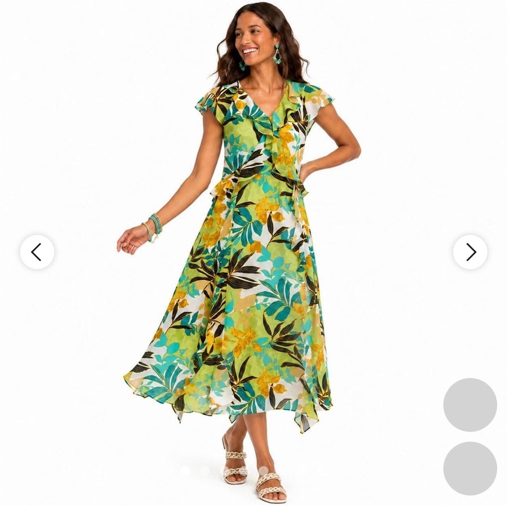 Chicos Tropical Floral Maxi Dress in Teal, Yellow & Black 14